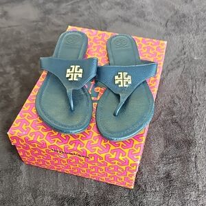 Tory Burch Navy Sandals with Gold Emblem